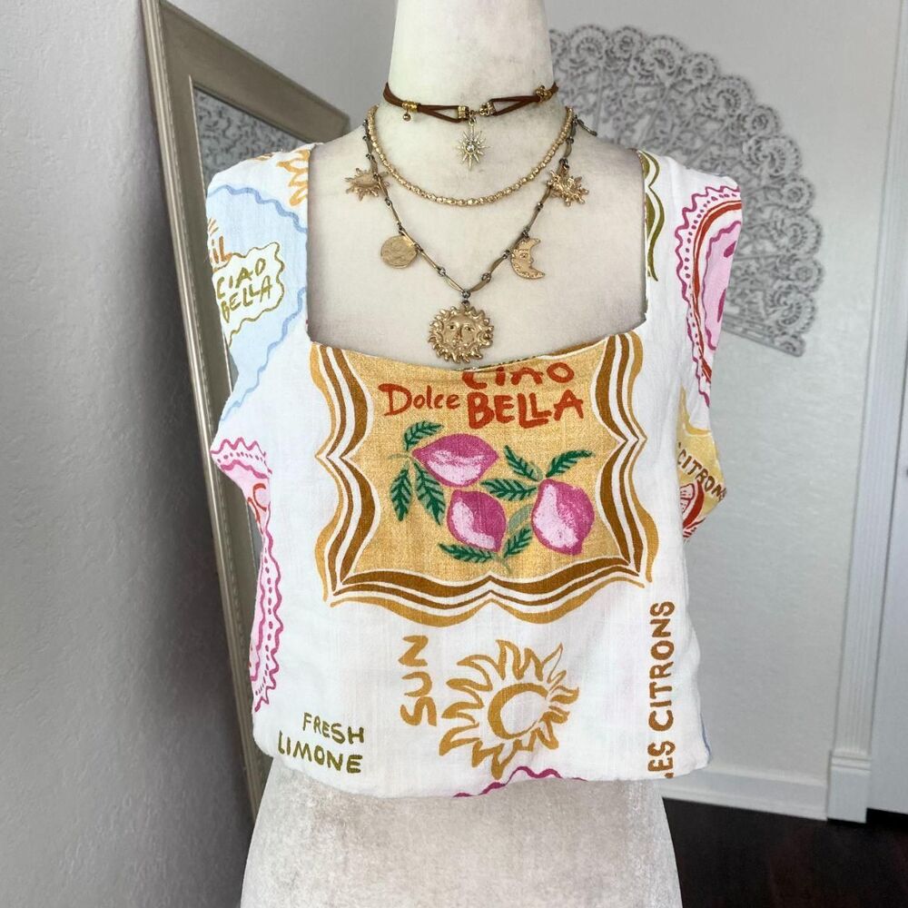 Paper Heart Australia Dolce Vita Italian Postcard Linen Crop Top L - Picture 1 of 6